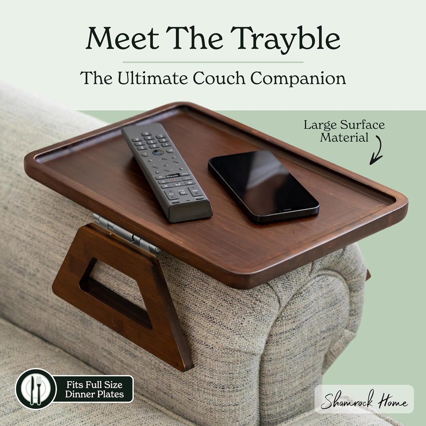 Bamboo Trayble Couch Arm Table, Clip on Tray Sofa Table for Couches. Sofa Arm Tray, Armchair Table for TV Dinners, Remotes, Drinks and Snacks - 13.75 X 9.5Inch, Brown | Clip on Tray, Sofa Table, Sofa Arm Tray, Armchair Table, TV Dinners, Remotes