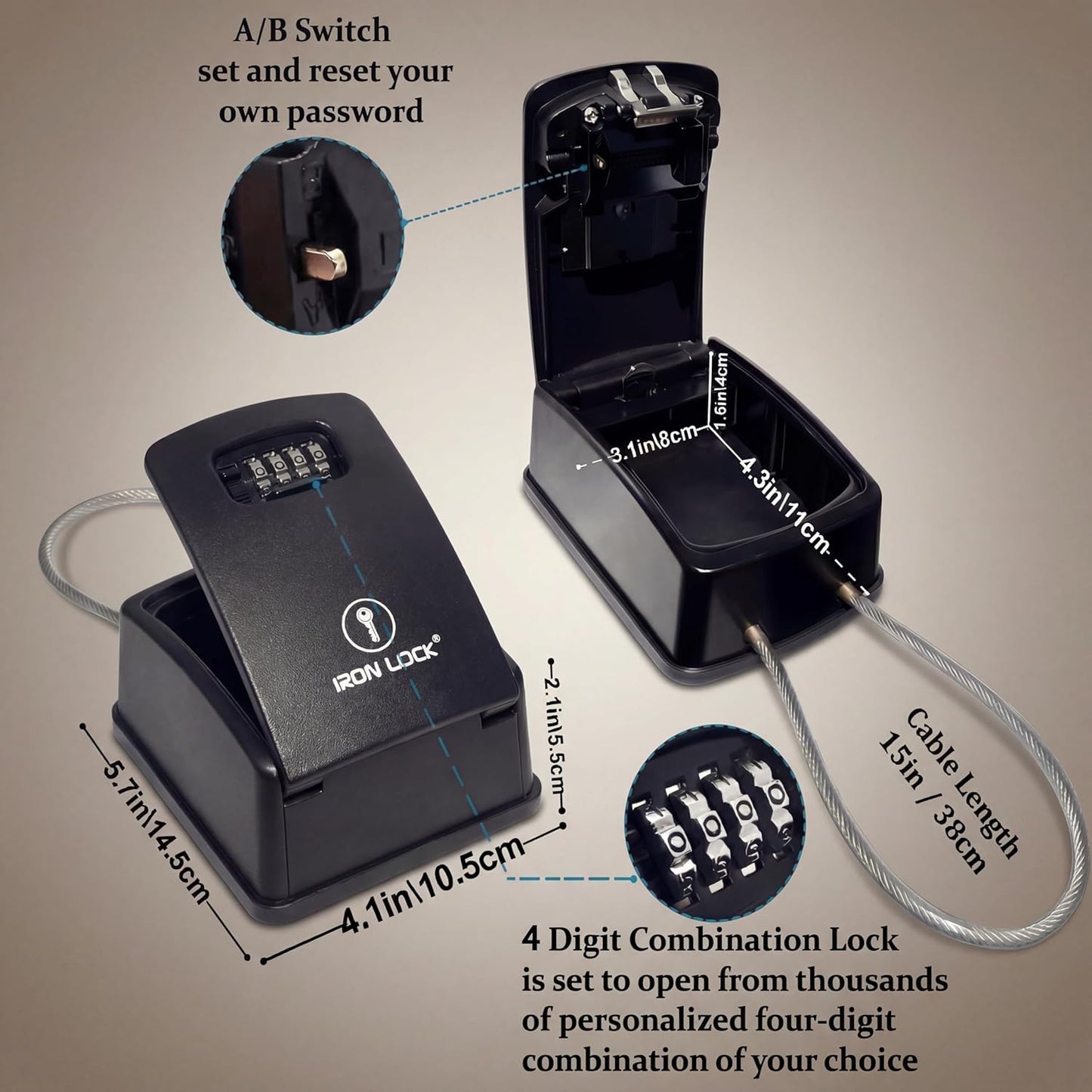 ® XXL Key Lock Box Portable and Wall Mounted with Removable Cable Shackle Waterproof Indoor Outdoor 4 Digit Combination with Resettable Code with a B Switch Extra Large Key Lockbox Outside
