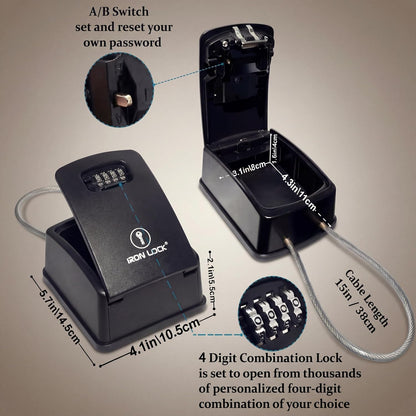 ® XXL Key Lock Box Portable and Wall Mounted with Removable Cable Shackle Waterproof Indoor Outdoor 4 Digit Combination with Resettable Code with a B Switch Extra Large Key Lockbox Outside
