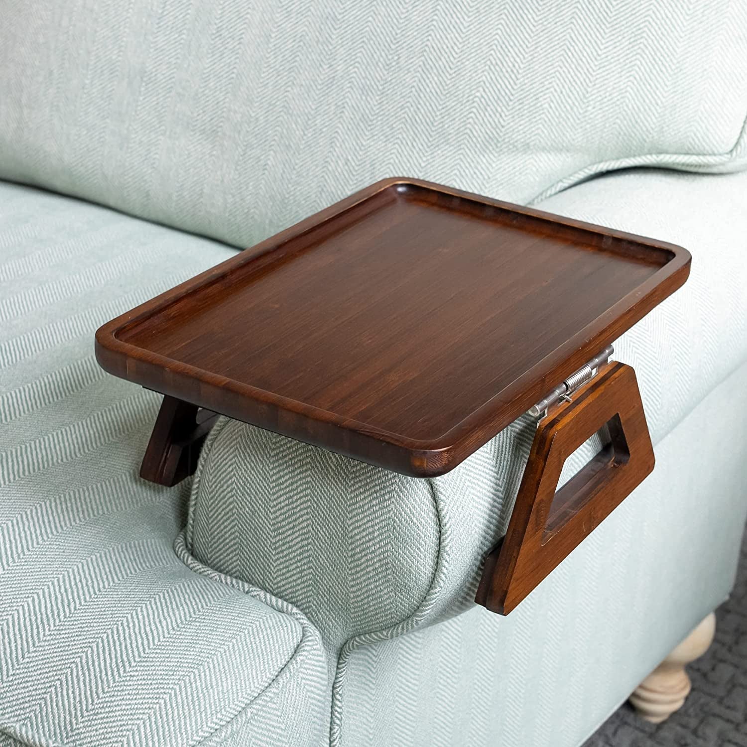 Bamboo Trayble Couch Arm Table, Clip on Tray Sofa Table for Couches. Sofa Arm Tray, Armchair Table for TV Dinners, Remotes, Drinks and Snacks - 13.75 X 9.5Inch, Brown | Clip on Tray, Sofa Table, Sofa Arm Tray, Armchair Table, TV Dinners, Remotes